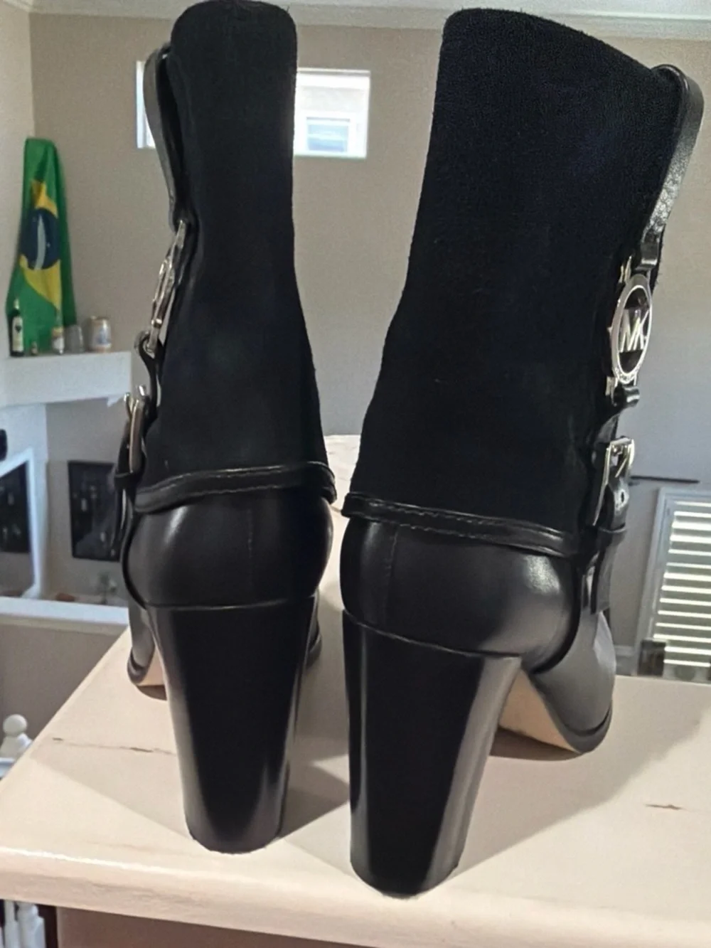 Michael Kors Black Leather & Suede Block Heel Mid-Calf Boots